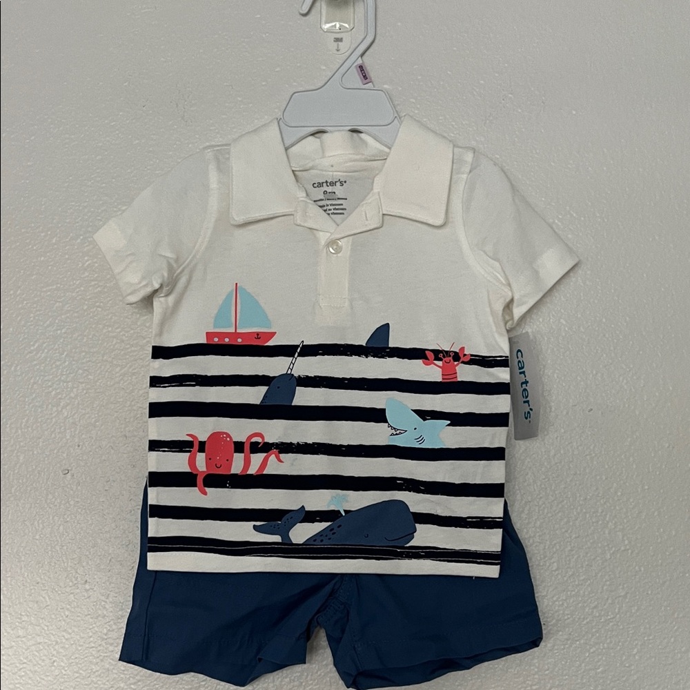 NWT Carter's White and Navy Nautical Polo Set sz 9 months